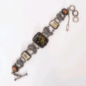 Lori Bonn‎ Signed Sterling 925 Stones Amber Bracelet 48g Adjustable Toggle 8”
